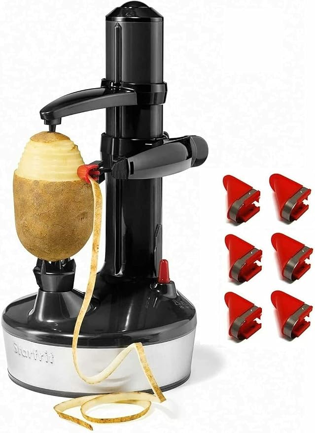 Starfrit Rotato Express 2.0 Electric Peeler, 6 Blades, Black | Peels fruits & vegetables. One-touch operation. 6 bonus blades. AC or battery powered. Ideal for potatoes and apples.