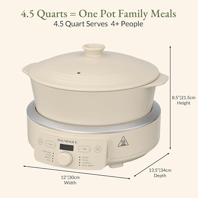 MAGNIFIQUE Slow Cooker, 4.5 Quart 8-in-1 Clay Pot Multi-Cooker, Non-Toxic Slow Cooker with Removable Clay Pot, for Rice, Pasta, Steam & Proof, Nonstick, Oven Safe Pot to 500°F, Oatmeal