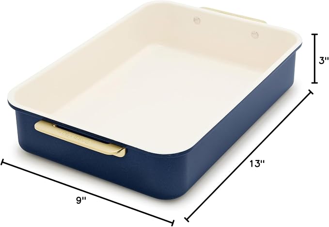 GreenPan Bakeware 13” x 9” Rectangular Cake Pan, Ceramic Nonstick Baking Pan, PFAS & BPA Free, Gold Handles, Durable Steel, Freezer to Oven Dish, Scratch Resistant, Bake & Roast Ovenware, Oxford Blue