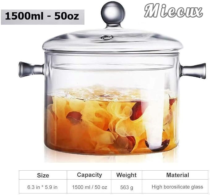 Glass Saucepan with Cover,2L/67OZ Heat-resistant Glass Stovetop Pot and Pan with Lid, The Best Handmade Glass Cookware Set Cooktop Safe for Pasta Noodle, Soup (1400 ml - Double-handled pot)