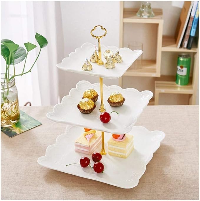 Sumerflos 3 Tier Porcelain Cupcake Stand, Tiered Serving Cake Stand, Square White Embossed Dessert Stand, Weddings Parties Pastry Serving Tray