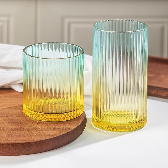Ribbed Drinking Glasses 8pcs, 12oz and 10oz Glassware, Tumbler Glasses Cup Set for Wedding, Party, Christmas Gift, Golden Green