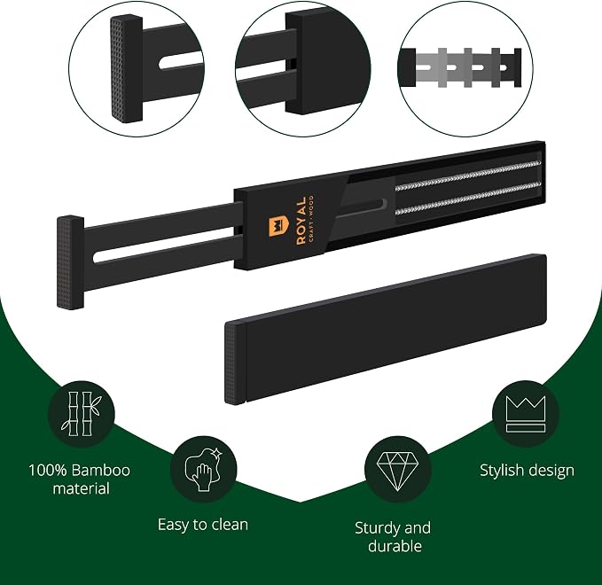 Bamboo Drawer Dividers Organizers, Adjustable Drawer Separator Splitters, 17–22 Inches Expandable Drawer Divider Organizer for Large Utensils, Kitchen, Bedroom, Dresser & Office Drawers 4-Pack, Black