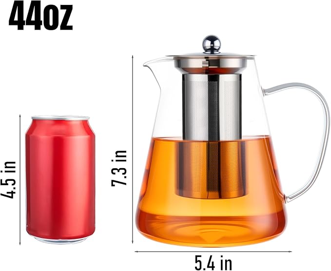 Baalaka Teapot with Infuser, 44 oz Borosilicate Glass Kettle, Stovetop | Removable 18/8 stainless steel strainer filters loose leaf, fruit and herbal blends; wide mouth and angled spout ease use