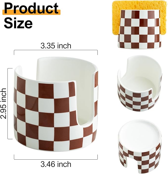 Zoeeker Sponge Holder for Kitchen Sink, Ceramic Checkered Dish Sponge Caddy | Sink Caddy Scrubby Holder Kitchen Organizer Dish Brush Holder for Sink Countertop, Farmhouse Kitchen Decor, Brown and White