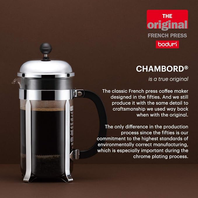 Bodum 34oz Chambord French Press Coffee Maker, High-Heat Borosilicate Glass, Stainless Steel, White – Made in Portugal