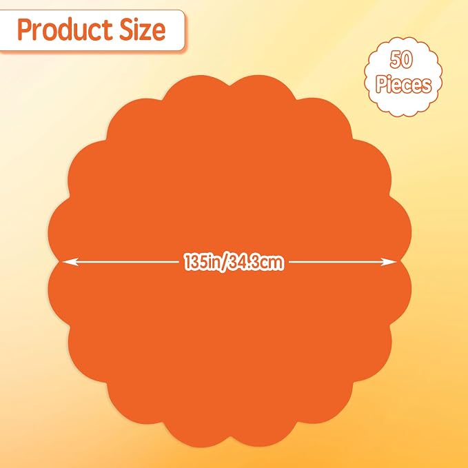 50 Pcs Orange Paper Placemats, 13.5 Inch Disposable Scalloped Placemat Decorative Placemats for Birthday Wedding Baby Shower Banquet Tea Party
