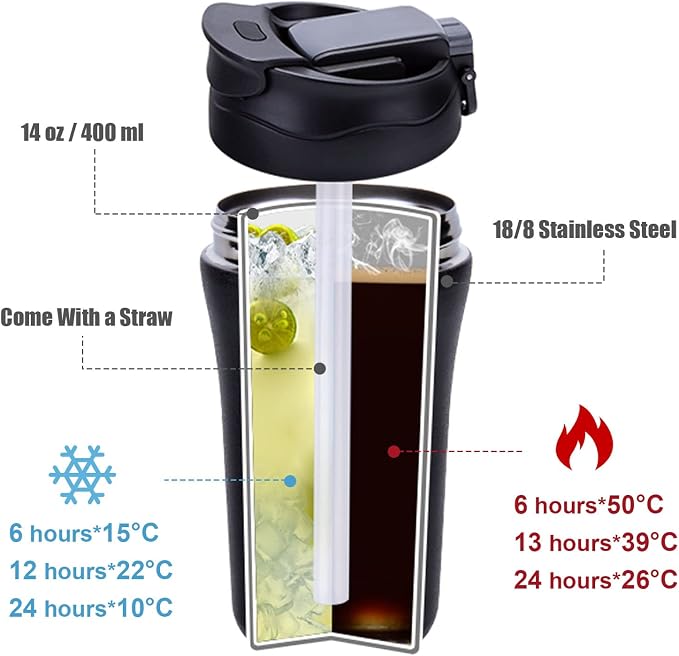 14 oz Travel Coffee Mug, 2 Pack Vacuum Insulated Stainless Steel Tumbler | Spill proof coffee travel mug with lid & straw for hot & cold drinks. Great gift for men & women (Black White)