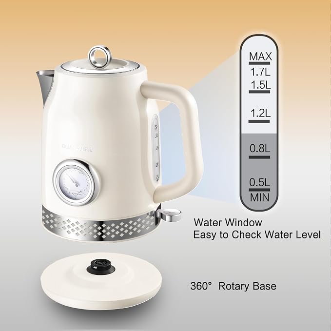 Retro Electric Kettle, 1.7L, 304 Stainless Steel, Off-white | Tea Kettle With Temperature Gauge, 1500W Fast Boiling, Auto Shut-Off & Boil-Dry Protection, BPA-Free