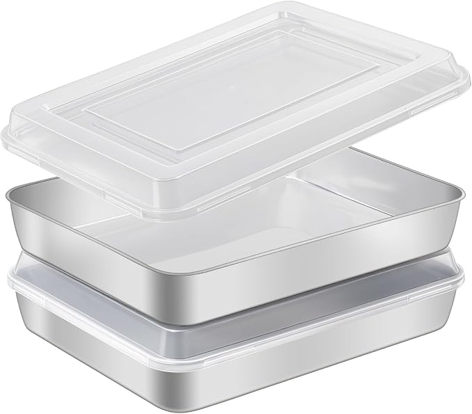 Stainless Steel Baking Pan with Lid, 2-Pack Rectangular Cake Pan Set, Non-Toxic & Heavy Duty Metal Bakeware for Brownie, Lasagna, Casserole, Roasting, Dishwasher Safe