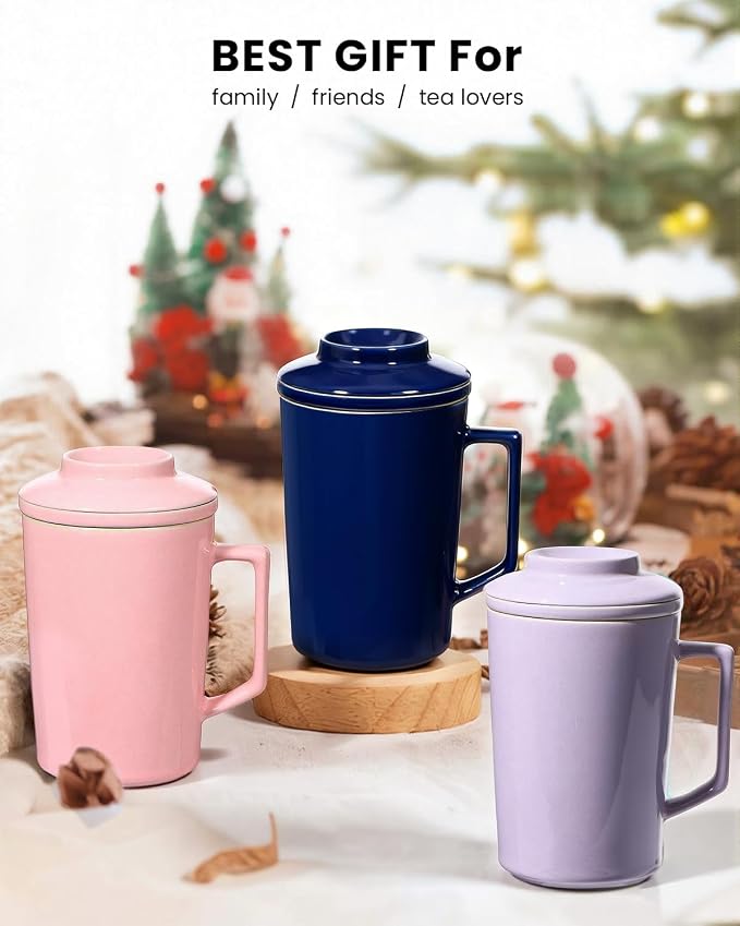 15 OZ Porcelain Tea Infuser Cup with Lid,Ceramic Tea Mug with All-Porcelain Strainer for Loose Leaf Teas,Microwave and Dishwasher Safe Tea Mug,Metal-Free,BPA-Free for Tea Lovers (Navy Blue)