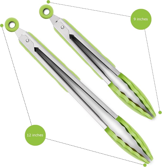 2 Pack Silicone Kitchen Tongs, 9 & 12 Inch, Stainless Steel, Light Green