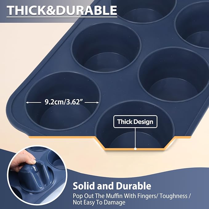 2 Pcs Jumbo Silicone Muffin Pan with Frame Nonstick Cupcake Tin Baking Mold | Silicone Cupcake Pan with Handles 6 Cup, BPA Free Silicon Muffin Tin Tray Extra Large for Baking Egg Bites Mold Vnray Grey