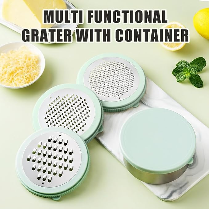 Cheese Grater with Container & Lid, Multi Functional Stainless Steel Box Grater, Handheld Grater Bowl for Kitchen,Lemon Zester for Parmesan, Cheeses, Ginger, Chocolate, Vegetables, Butter (Mint Green)