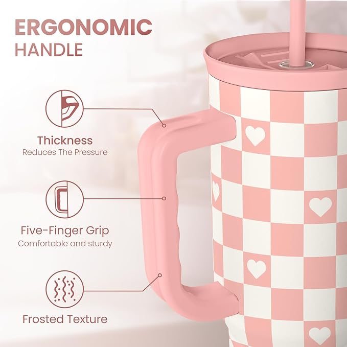 40oz Checkered and Heart Tumbler with Handle and Straw - Insulated Stainless Steel Travel Coffee Mug for Women Girls, Gift for Birthday, Christmas
