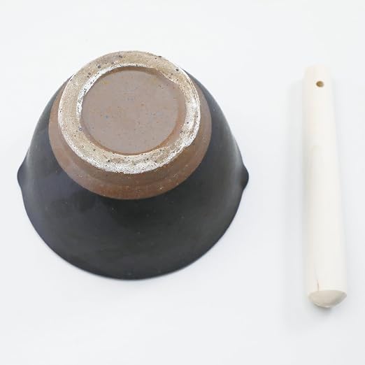 Asayu Japanese Ceramic Black Mortar Bowl with Wooden Pestle 6.3 in (160 mm), Made in Japan Dishwasher and Microwave Safe Ripple Ridge Suribachi and Sukirogi Set