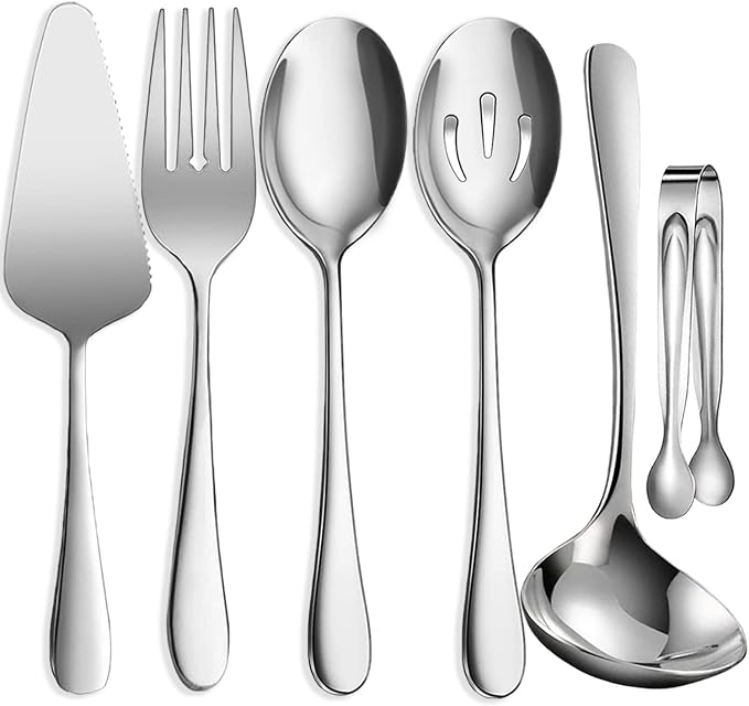 6 PCS Stainless Steel Serving Utensils, Large Serving Spoons Slotted Spoons, Forks, Ice Suger Tongs, Cake Server, Soup Ladle, Metal Utensils Set Great for Buffet Catering Banquet Party, Silver