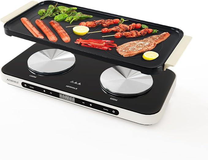 AEWHALE Countertop 2 Burners, Electric Hot Plate | Removable Griddle Pan, Ceramic Non-stick, 1200W+600W, Sensor Touch, Adjustable Temperature/Time