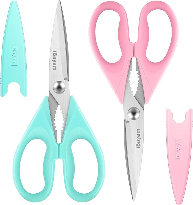 iBayam Cute Kitchen Scissors All Purpose Heavy Duty Meat Poultry Shears | Pastel Pink, Mint Blue, Built-In Bottle Opener, Protective Sheath, Dishwasher Safe, Stainless Steel, Comfort Grip, Left/Right