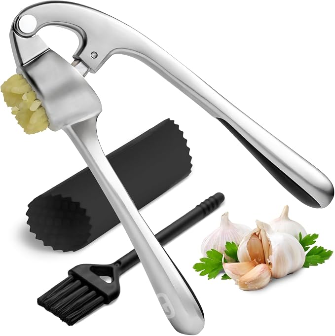 Garlic Press Crusher & Mincer – Easy Squeeze Ergonomic Handle, Heavy Duty Zinc Alloy, Dishwasher Safe, Includes Peeler & Cleaning Brush – Garlic Ginger Crusher Tool (Silver)
