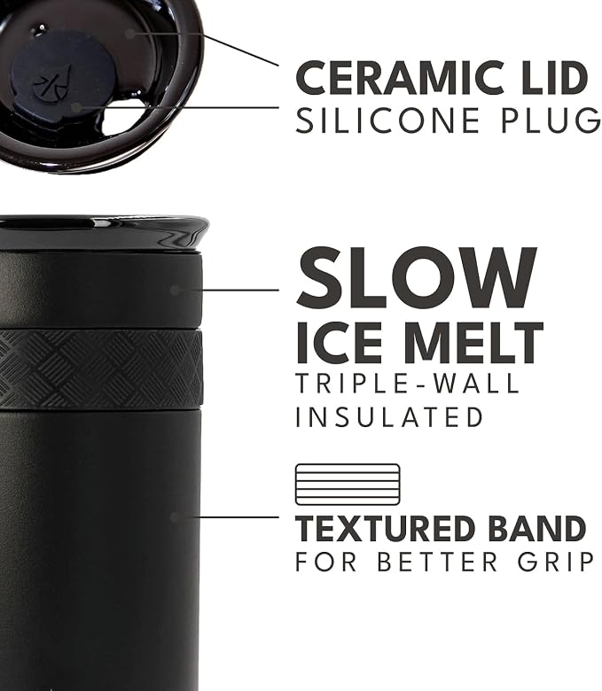 Elemental Artisan 12oz Triple-Wall Insulated Coffee Tumbler w/Ceramic Lid | Triple Wall Coffee Travel Mug, Reusable Stainless Steel Coffee Tumbler; Thermal Coffee Cups for Hot (6 Hrs) & Cold (18 Hrs)
