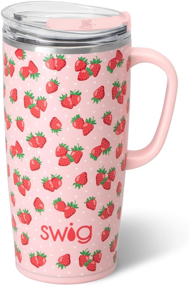 Swig Life 22oz Insulated Travel Mug with Handle & Lid, Strawberry Shortcake | Triple Insulated Stainless Steel - Handle & Lid Included - Keeps Coffee Hot or Cold - Cup Holder Friendly
