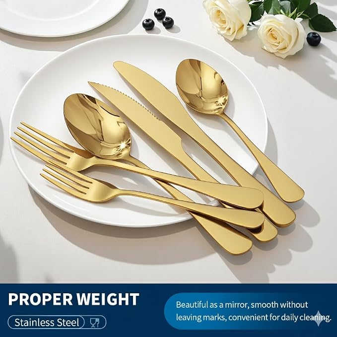GPY 48-Piece Gold Silverware Set with Steak Knives, Flatware Set for 8 | 18/0 Stainless Steel Forks Spoons and Knives Flatware Set with Mirror Polish, Dishwasher Safe for Home Kitchen & Restaurant