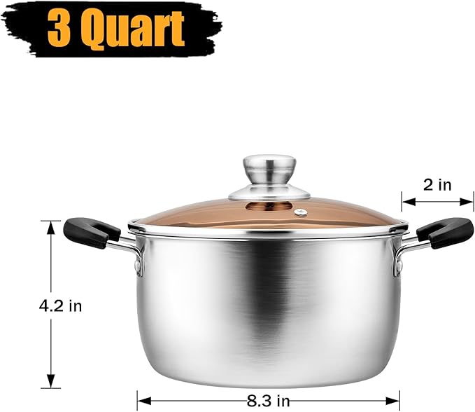 P&P CHEF 3 Qt Stockpot with Lid, Stainless Steel Stock Pot, 1-Ply Metal | Cooking Pot for Soup Pasta, Heat-Proof Double Handles with Visible Lid, Dishwasher Safe & Healthy Use