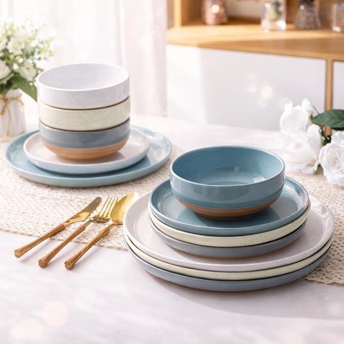 AmorArc Dinnerware Sets for 4, 12 Pieces Ceramic Plates and Bowls Set | Scratch Resistant Stoneware Dishes Set, Dishwasher & Microwave Safe, Multi-Color