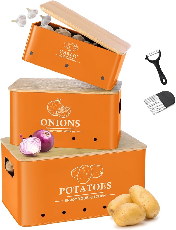 Kitchen Vegetable Storage Set of 3, Metal Onion Garlic Potato Storage Set, Kitchen Canisters Vegetable Keeper Containers with Aerating Holes and Bamboo Lid,Orange