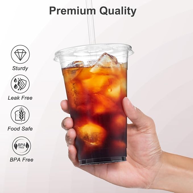 Dealusy 100 Pack - 20 oz Clear Plastic Cups with Lids and Straws | Sturdy & Food Safe Iced Coffee Cups with lids, Disposable Plastic Smoothie Cups for Cold Drinks