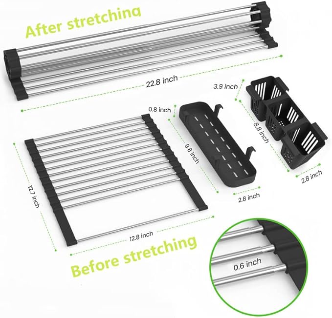 Black Expandable Roll Up Dish Drying Rack Up to 22.8''with 2 Storage Baskets,Over The Sink Kitchen Rolling up Dish Drainer Drying Rack , Foldable,Rollable,for Kitchen Dishes(Expandable Width Size)