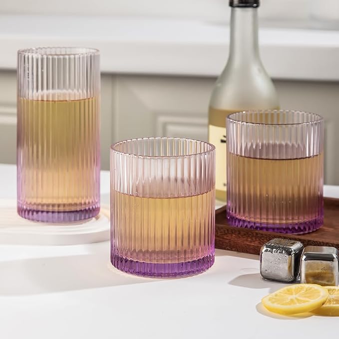 Ribbed Drinking Glasses 8pcs, 12oz and 10oz Glassware, Tumbler Glasses Cup Set for Wedding, Party, Christmas Gift, Purple