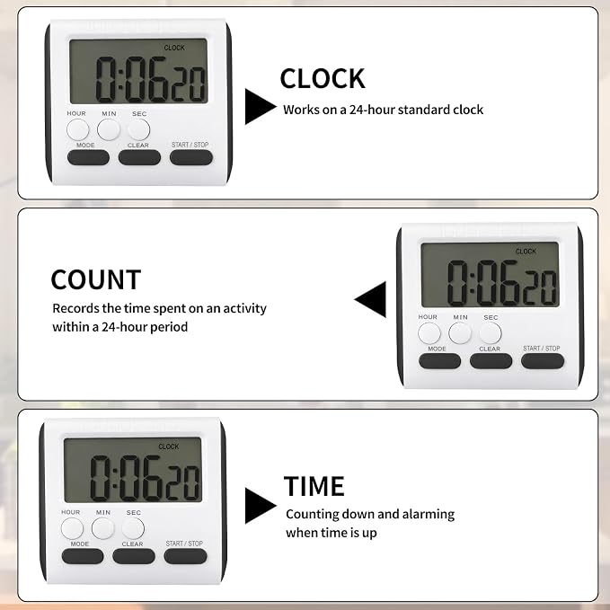 Mudder 6 Pack Digital Kitchen Timer for Cooking, Large Digits, 24 Hour Magnetic Backing Stand Kitchen Timers Clock for Classroom Kids Teachers, Loud Alarm and Large Screen (Black)
