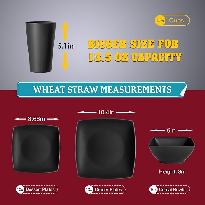 Teivio 40-piece Plastic Wheat Straw Square Dinnerware Set,Service for10, Unbreakable Dinner Plates, Salad Plates, Snack Bowls, Tumblers 13.5 oz, Dishwasher Safe, Kitchen Outdoor Camping Dish, Black