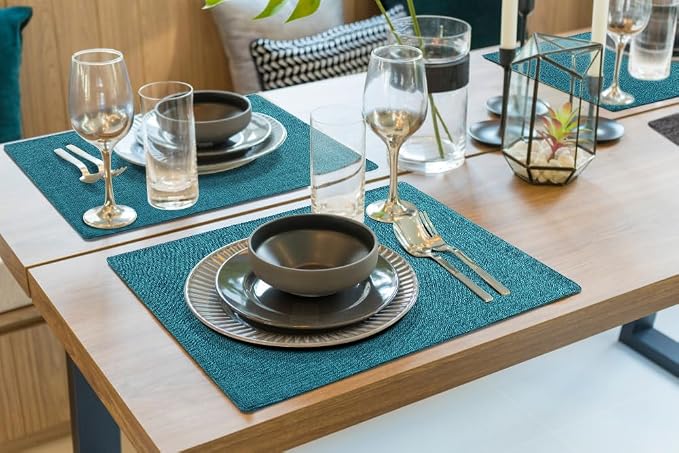 Faux Cotton Linen Placemats Set of 8, Cloth Washable Farmhouse Dining Table Mats for Indoors & Outdoors, Easy to Clean, Teal, 13 x 19 Inch