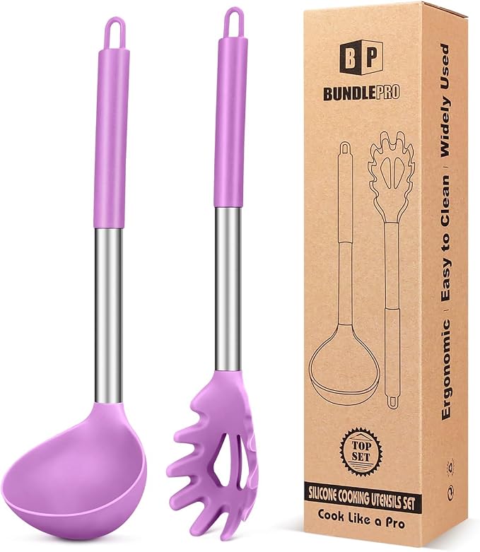 BUNDLEPRO Silicone Pasta Fork and Ladle Spoon Set, 2 Pack, Purple | Large Non Stick, High Heat Resistant Kitchen Utensils for Cooking,Stirring,Serving Spaghetti, Soup, Sauce