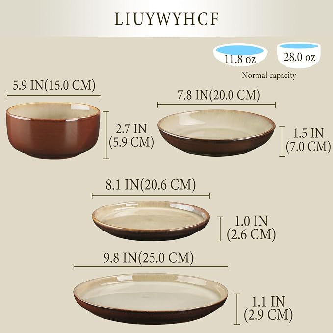 Ceramic Dinnerware (16 pcs) Serve 4 people, Plates and Bowls Sets,Handmade Reactive Glaze Dishes Set, Chip Resistant and Scratch Resistant, for Oven & Dishwasher & Microwave Safe