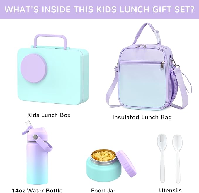 Bento Lunch Box for Kids Adult, Leakproof 3-4 Compartment Bento Box Set with Insulated Food Jar,Water Bottle, Lunch Bag, School Lunch Container for Toddler Teen Girls Boys Ages 3+(Gradient)