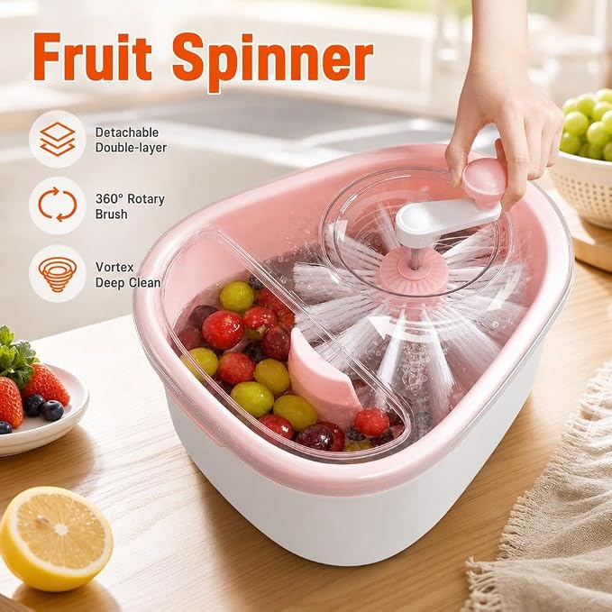 Fruit Cleaner Spinner, Manual Fruit and Vegetable Washer Cleaner with Crank Handle,Large Fruits Washer Spinner with Brush,Vegetable Scrubber for Berries, Grapes, Salad, Produce Scrubber