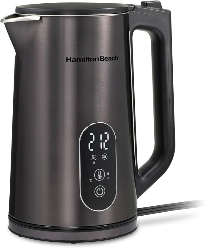 Hamilton Beach Digital 1.7L Electric Tea Kettle, Water Boiler & Heater | Fast Boiling 1500 Watts |Temp Control + 5 Presets | BPA Free | Cordless Serving | Auto-Shutoff & Boil-Dry Protection | Black