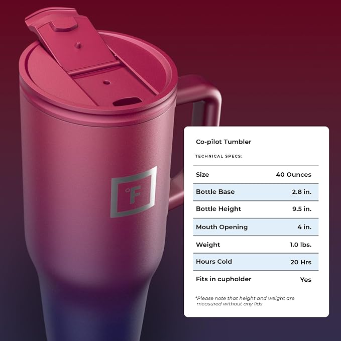IRON °FLASK 40 oz Co-Pilot Insulated Travel Mug | Insulated Travel Mug with Straw & Flip Cap Lids - Cup Holder Fit, Leakproof, BPA Free (Dark Rainbow)