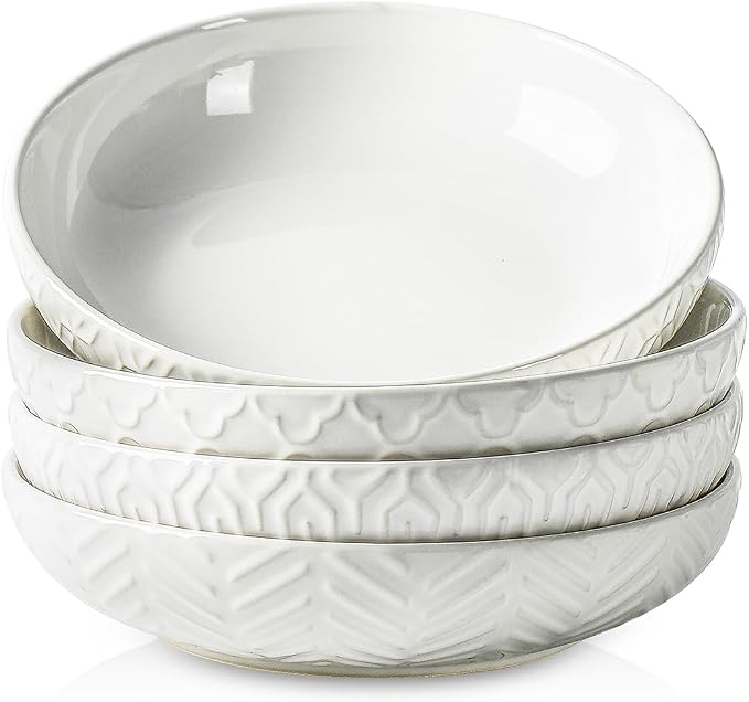 Sureasy Pasta Bowls Set of 4, 30oz Large Ceramic Embossed Bowl Plates, 8.5 Inch Wide and Shallow Plate Bowls, Salad Bowl, Microwave, Oven & Dishwasher Safe, White