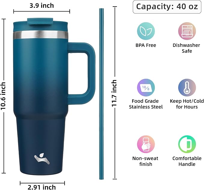 Konokyo 40 oz Insulated Tumbler Water Bottle with Handle, Straw Lid | BPA-free and dishwasher safe; made for gym, travel, coffee and gifting, 2 straws, cup holder friendly,Indigo Black