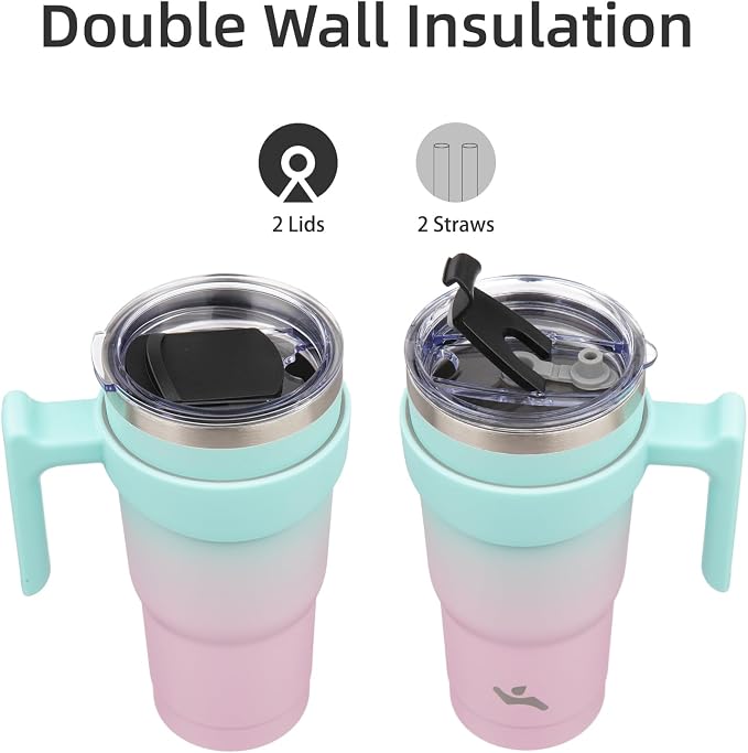 Konokyo 20 oz Tumbler with Handle and Straw, Insulated Travel Mug | Gum; BPA-free, leak-proof tumbler with 2 lids, 2 straws, cup holder fit for coffee, office, travel & daily use