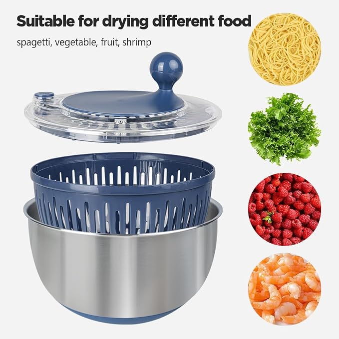 Stainless Steel Salad Spinner, 5.3 Qt Lettuce Spinner with Non-Slip Base, Drain and Stop Button, Fruit and Vegetable Washer and Dryer Spinner, Blue