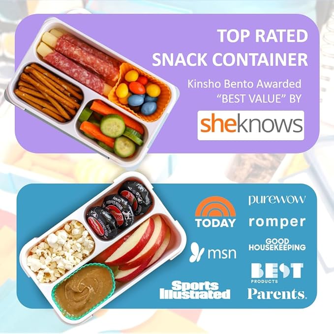 kinsho Small Snack Box Containers for Kids, Set of 3 (Pink+ Purple+ Coral) | 3 Compartments, Leak-Proof, Spill Proof, BPA-Free Reusable Small Mini Bento Lunch Box for Daycare School Travel, Holds 2 Cups