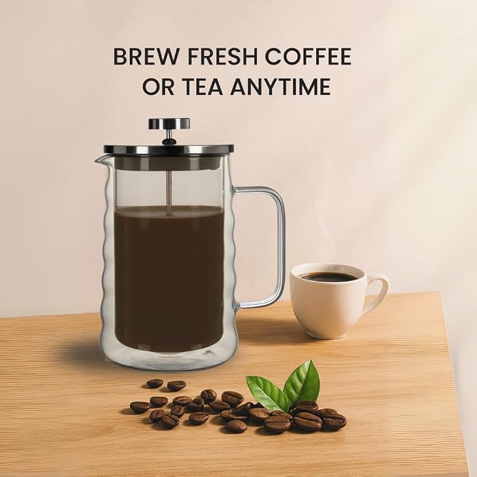 Glass French Press Coffee Maker, Heat Resistant Borosilicate Glass (34oz Wavy)