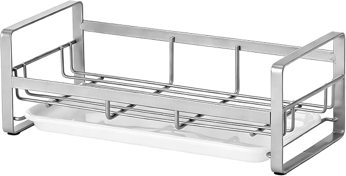 HULISEN Large Kitchen Sponge Holder, 304 Stainless Steel Sink Caddy, Grey | Removable Drain Tray, Holds Sponges Soap Bottles Brushes, Countertop Storage, No Dispenser or Brush