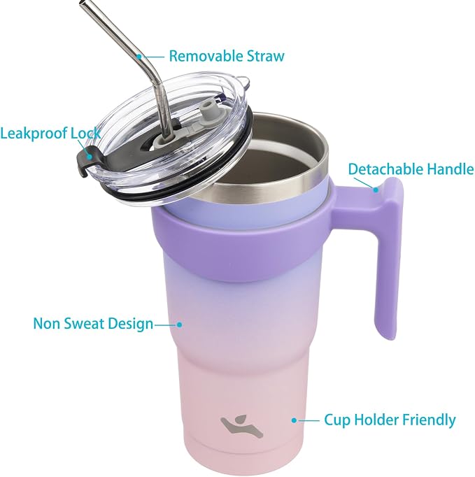Konokyo 20 oz Tumbler with Handle and Straw, Insulated Travel Mug | Pastel Sunset; BPA-free, leak-proof tumbler with 2 lids, 2 straws, cup holder fit for coffee, office, travel & daily use